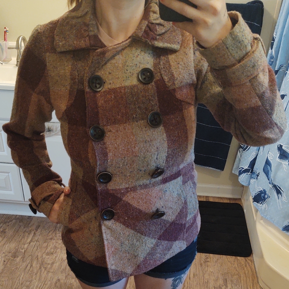 Nick & Mo Wool Rose Tan Plaid Pea Coat - Picture 4 of 5